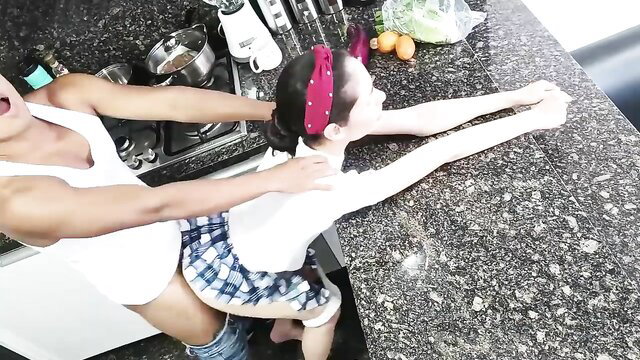 Natalia as schoolgirl bent over kitchen counter fucked by neighbor