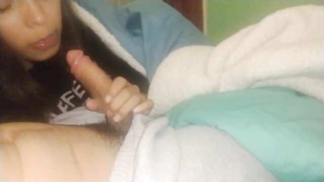 Asian amateur babe in robe gives POV handjob stroking thick cock