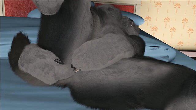 Loba furry wolf girl cuddling giant plush gorilla toy nude on bed