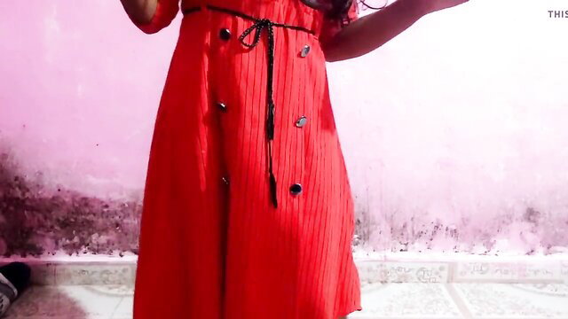 Indian wife in sexy red dress dances seductively in threesome preview