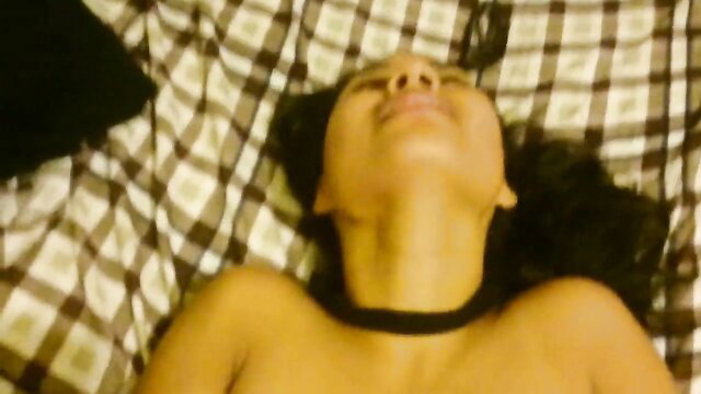 Asian beauty in pain and pleasure, arched neck, choker, nude on bed