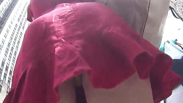 Amateur Asian teen upskirt red dress exposing shaved pussy outdoors