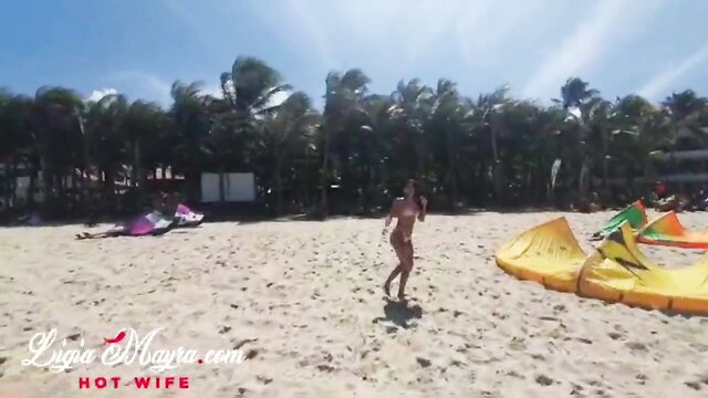 Hot Brazilian wife nude on Fortaleza beach, teasing big ass