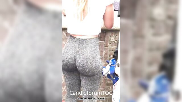 PAWG blonde in tight gray leggings showing huge round ass candid view