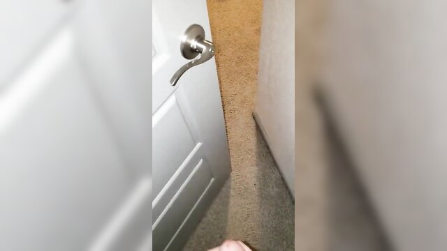 Closeup of silver door handle by open bedroom door, Asian wife BBC cuckold tease