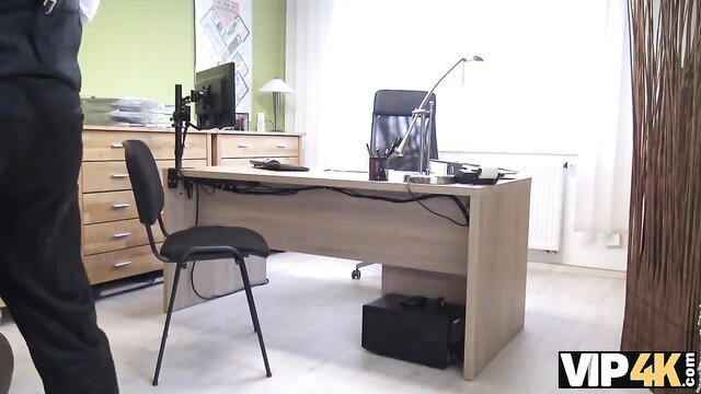 Cute Russian girl rides credit agent's cock in office