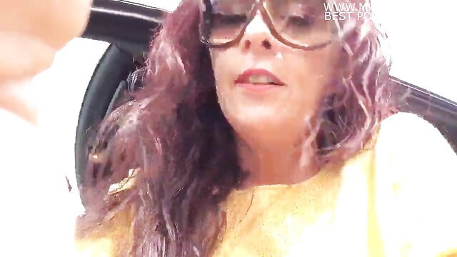Curvy brunette in sunglasses begs to stop car to pee, desperate amateur