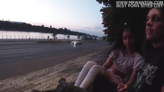 Teen girl with man outdoors by river at dusk, public thrill HD porn