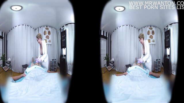 Blonde in white suit nurses stiff cock on bed in VR porn