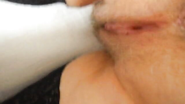 Closeup of bearded man's hairy ass and thighs spread wide