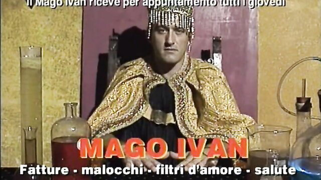 Vintage Italian magician Mago Ivan in ornate robe and crown on throne