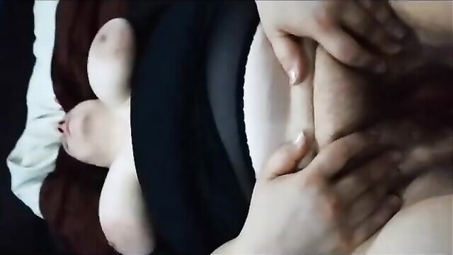 POV hands groping pale big tits and belly of obedient wife in bed