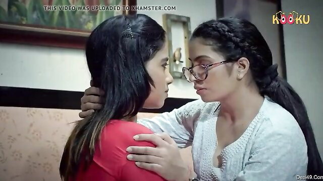 Two Indian amateur lesbians in intimate embrace, glasses and braids