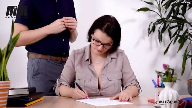 Office worker with deep cleavage groped by coworker from behind