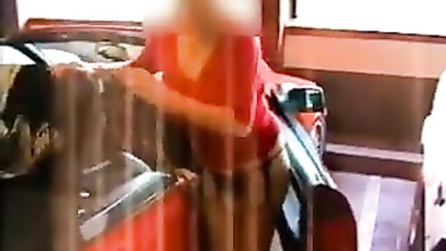 Secretary Gisela strips in parking garage, red dress upskirt