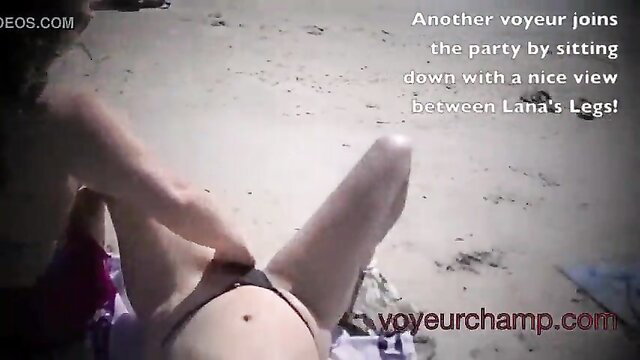Betty Bang spreads legs for voyeur with upskirt pussy view on beach