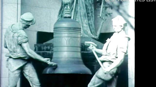 Vintage workers casting massive bell in explicit slow-mo erection movie scene