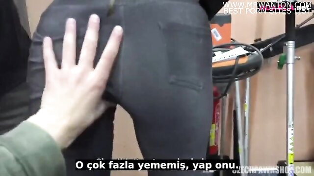 Blonde debtor girl groped hard on fat ass in tight pants upskirt