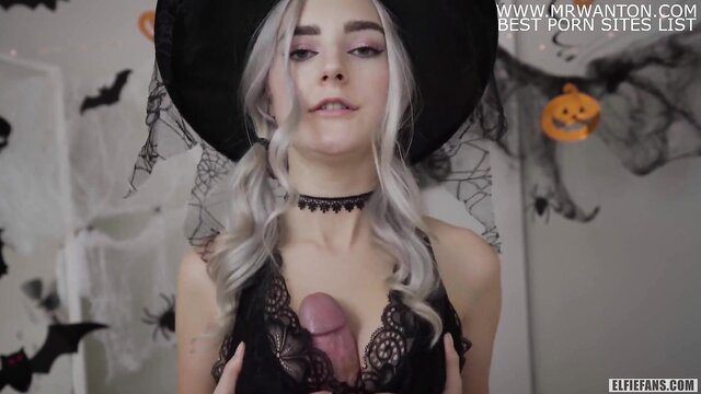 Eva Elfie as cute witch in lingerie holds dildo, Halloween tease