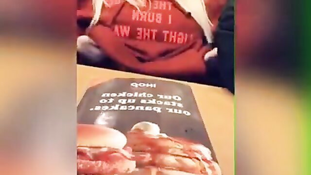 Amateur Reddit girls flashing tits in red shirt at table with burger menu