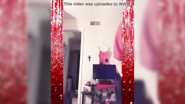 Hot ebony teen in pink lingerie getting ready for Walmart