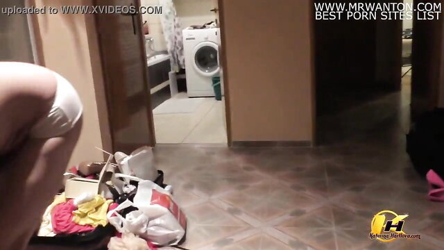 Amateur babe's wet white panties ass up packing laundry post-shoot