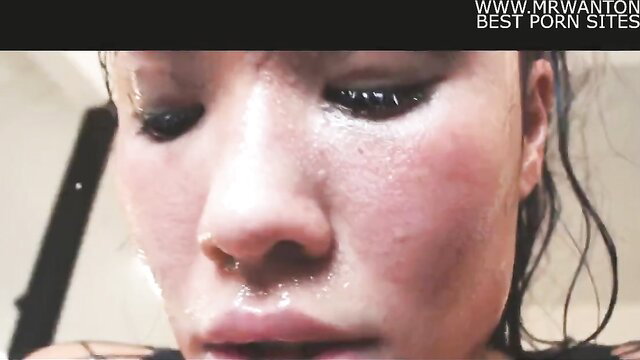 London Keyes closeup wet face, tears, glossy lips in steamy Asian PMV