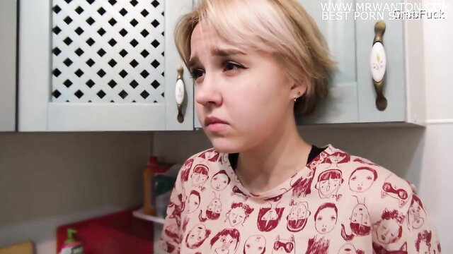 Cute blonde teen neighbor in kitchen, pouty face, amateur 4K thumbnail