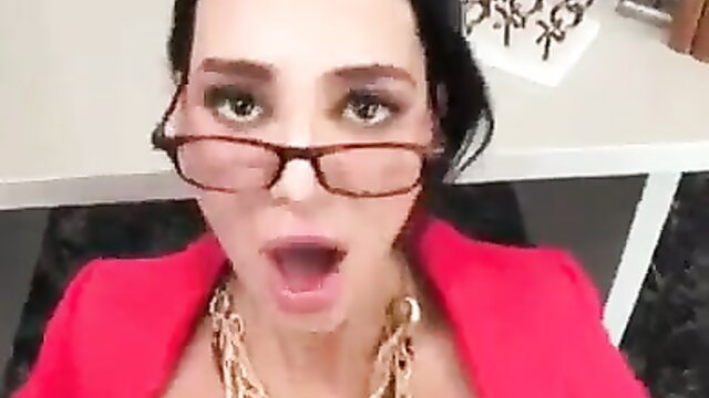Amy Anderssen as hot teacher with glasses, open mouth, pink blazer