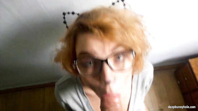 Redhead neko teen in glasses deepthroats cock POV