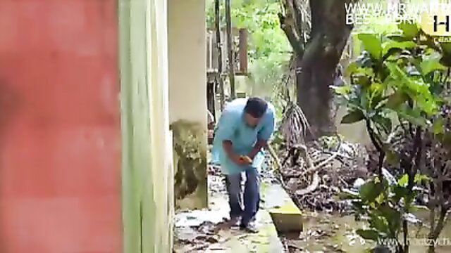 Indian Bahu Sasur Romance: Desi mature man in kurta crouches teasingly outdoors