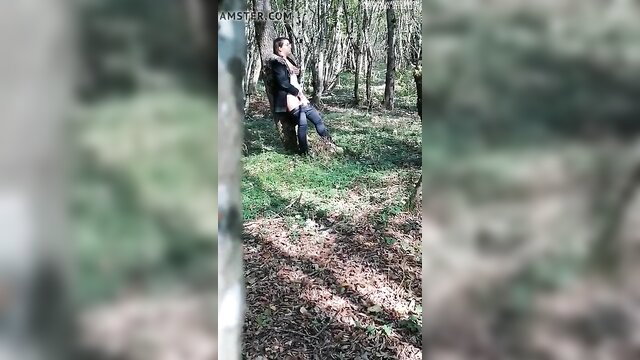 Shocked wife in woods followed by husband, amateur outdoor tease
