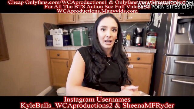 Sheena Ryder in kitchen talking, WCA Productions stepmom BTS