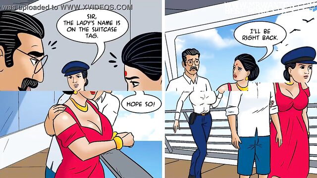 Velamma in red dress hugs man on love boat deck, Savita Bhabhi