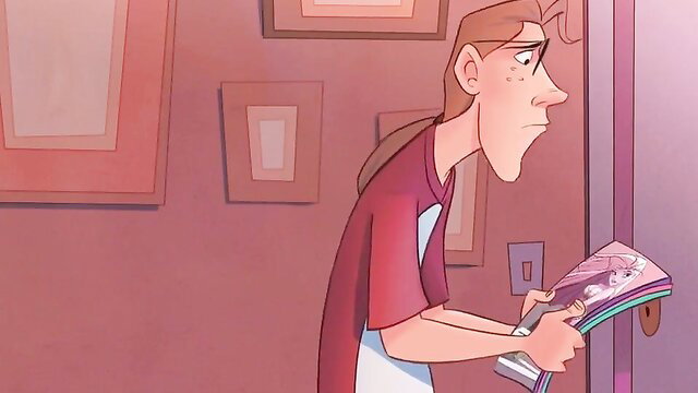 Skinny guy peeking through door holding colorful hentai mags