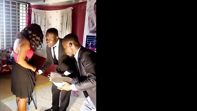 Black pastor in suit fingers busty woman's pussy in church