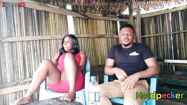 Hot black couple in tight red dress on beach house date ready for sex