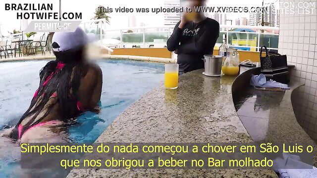 Hot Brazilian wife bends over poolside for waiter in skimpy bikini