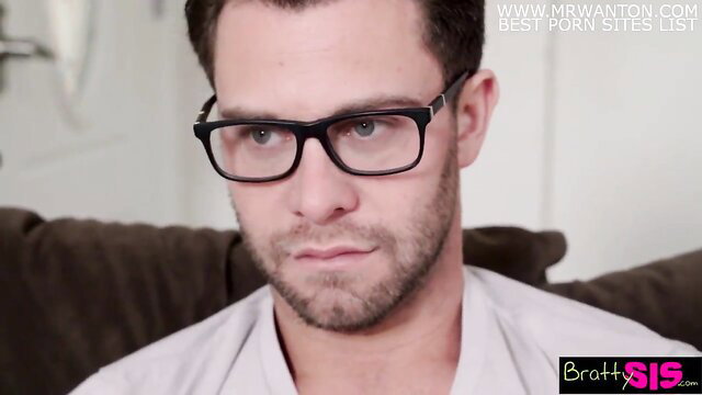 Handsome guy in glasses stares intently in Bratty Sis step sis threesome