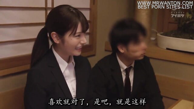 Japanese big tits office lady in suit smiling with man, JAV uniform tease