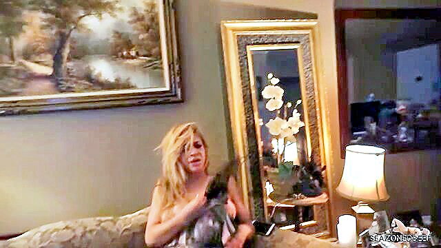 Andrea Grey blonde on casting couch with Jason Sweets & Coach Cardher