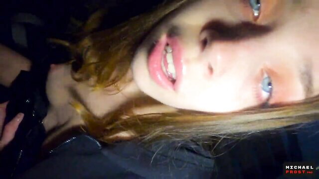 Hot blonde teen POV closeup, glossy lips and blue eyes in dim light