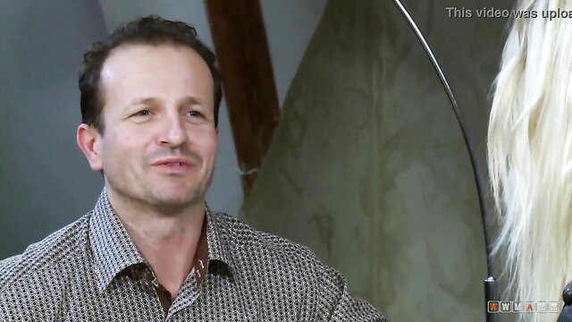 Petite blonde with man in post-sex interview, cum lick tease