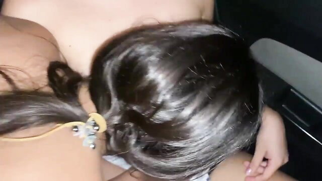 Asian stylist with ponytail fucked discreetly in car