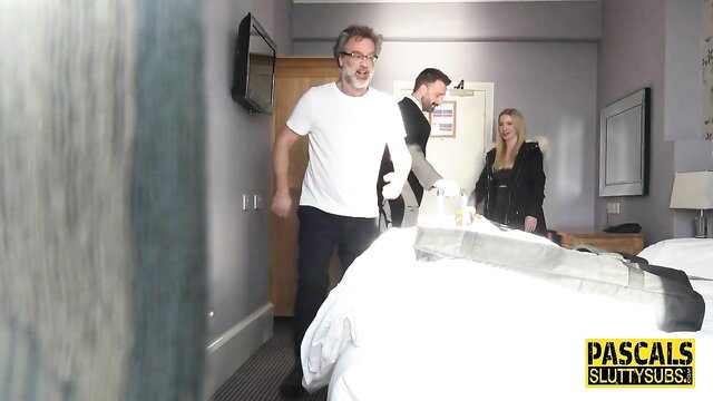 Georgie Lyall bound on bed, eaten out by two men in Pascals Subsluts