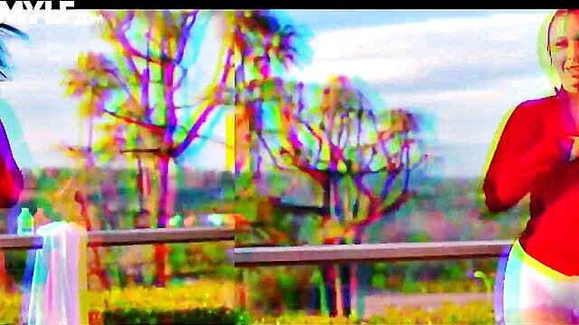 Blonde BFF in red top and white shorts by pool, BFFS sneak-in tease