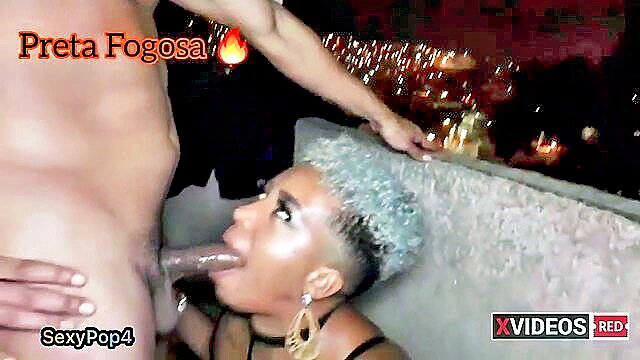 Preta Fogosa sucks thick cock outdoors on porch, hot neighbor blowjob