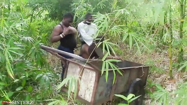 Muscular black men outdoor sex with bound woman in cart, bush adventure