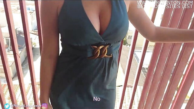 Hot brunette in deep cleavage green dress on balcony, public agent tease