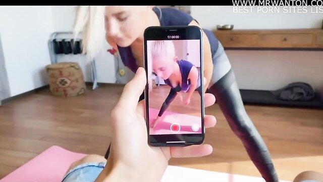 Eva Elfie hot yoga session in tight leggings, flexible blonde babe